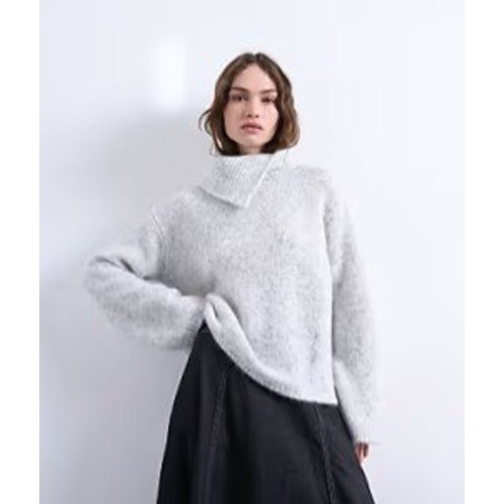 Topshop Womens M Gray Knit Split Funnel Neck Sweater Oversized Boxy NWT - Picture 3 of 15